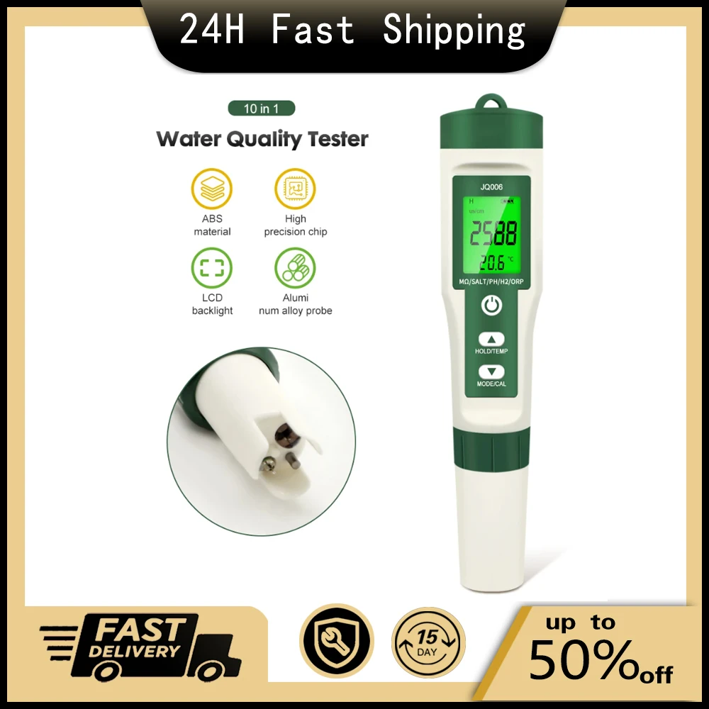 

LCD Digital 10 in 1 Water Quality Meter High Accuracy TDS EC Temperature Tester 0-14 Range PH Meter for Pool Hydroponics