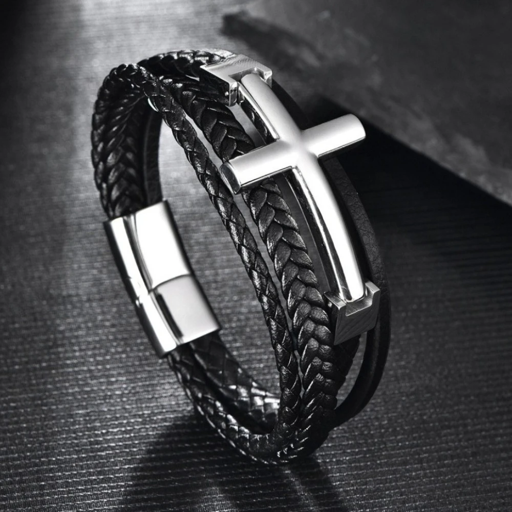 Männer Edelstahl Kreuz Vier Reihe Gewebte Leder Armbänder 19CM 21CM 23CM Mode Schmuck Geschenk