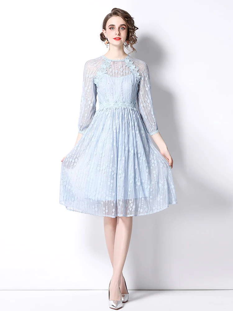 

Spring Fashion Runway Summer Lace Embroidered Flower Dress Women's Puff Sleeve O-Neck Blue Elegant Tulle Party Vestidos
