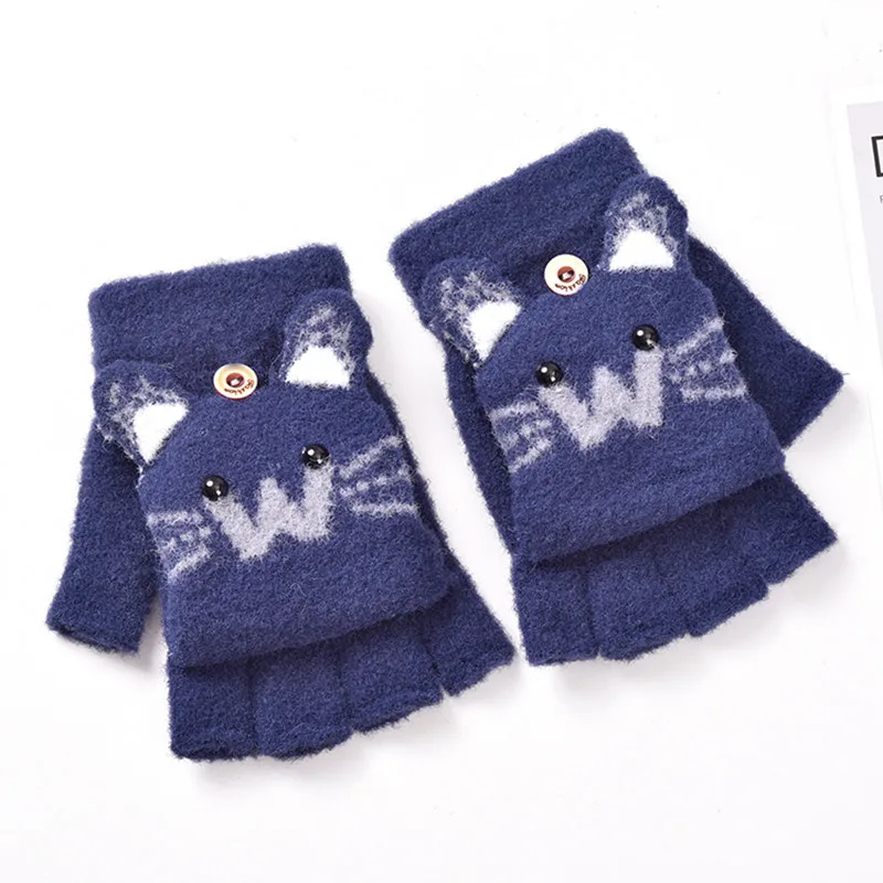 Knitted Gloves Cute Kids Gloves Winter Warm Faux Fur Knit Boy Girl Cartoon Half Finger Flip Cover Outdoor 5-12years