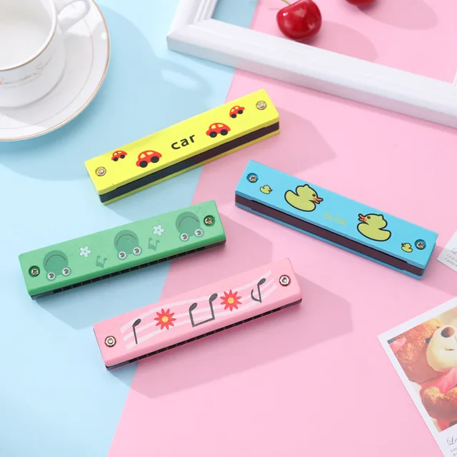 16 Holes Children Harmonica Wooden Double Row Blowable Harmonica Cute Cartoon Pattern Beginner Kids Musical Educational Toys 2