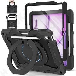 Heavy Duty Rotating Shockproof Tablet Case with Stand and Shoulder Strap - Black for iPad Air 11 2026 M4 (Black)