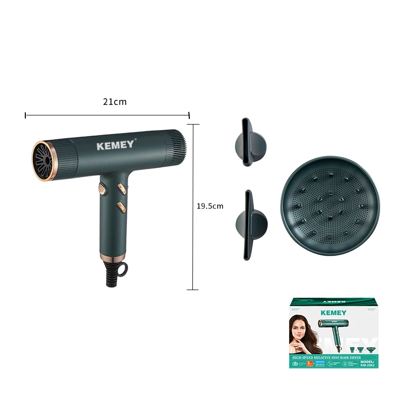 Kemei Professional Ionic Hair Dryer Powerful 1500W Fast Drying Low Noise Blow Dryer 2 Concentrator Nozzle 1 Diffuser Attachments