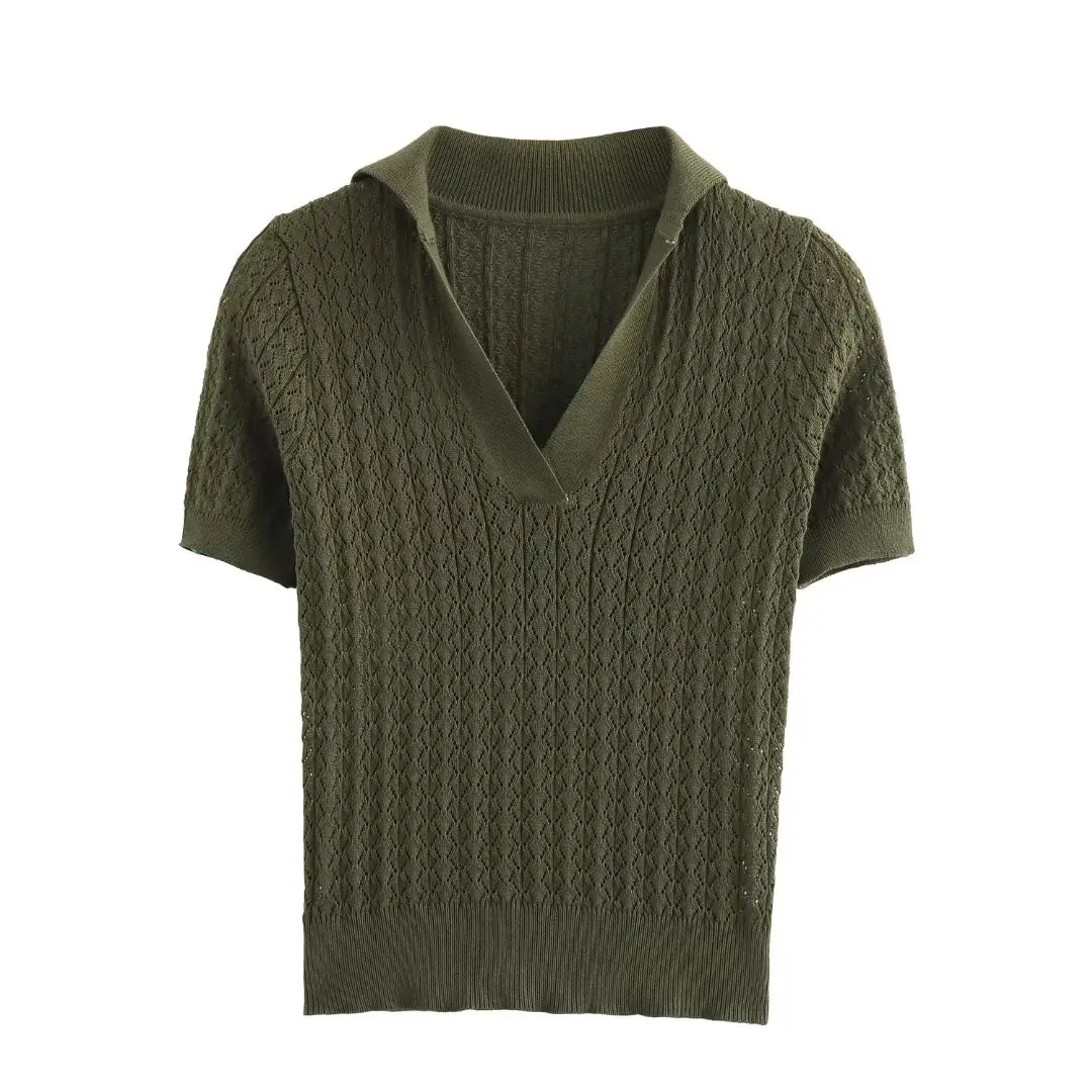 thumbnail image 1 of HH TRAF Verano Mujer Punto Cuello Vuelto Ombligo Descubierto Camiseta Mujer Elegante Chic Sólido Manga Corta Blusa Corta Mujer, 1 of 4