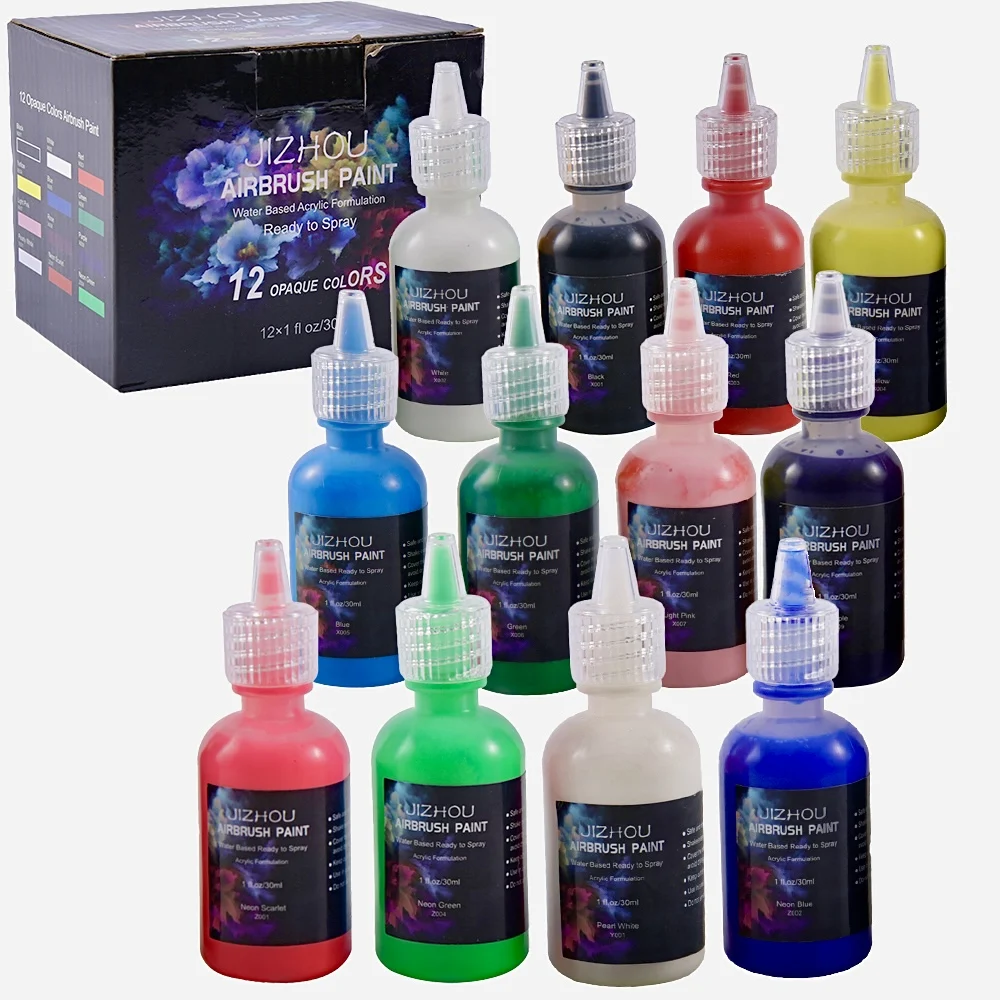 JIZHOU 12 цветов Аэрограф Краска Набор 30 мл флуоресцентные цвета на водной основе акриловая краска набор для любителей и художников готовый к распылению JIZHOU 12 цветов Аэрограф Краска Набор 30 мл флуоресцентные цвета на водной основе акриловая краска набор для любителей и художников готовый к распылению