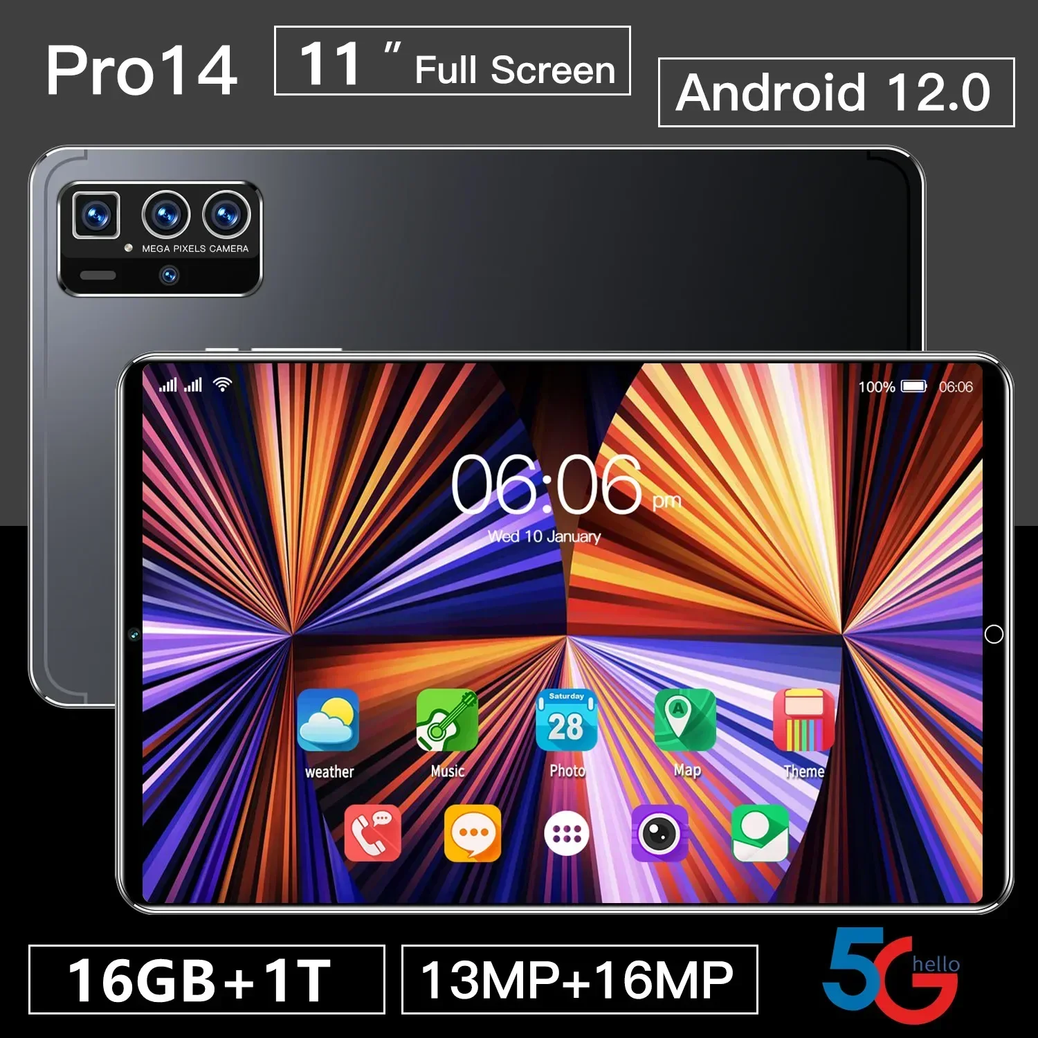 2024 글로벌 버전 11 인치 태블릿, 안드로이드 12, 16GB 램, 1TB 롬, 듀얼 SIM, 10 코어, WPS, GPS, 블루투스 5G 네트워크, GPS, WPS 태블릿 PC, 신제품