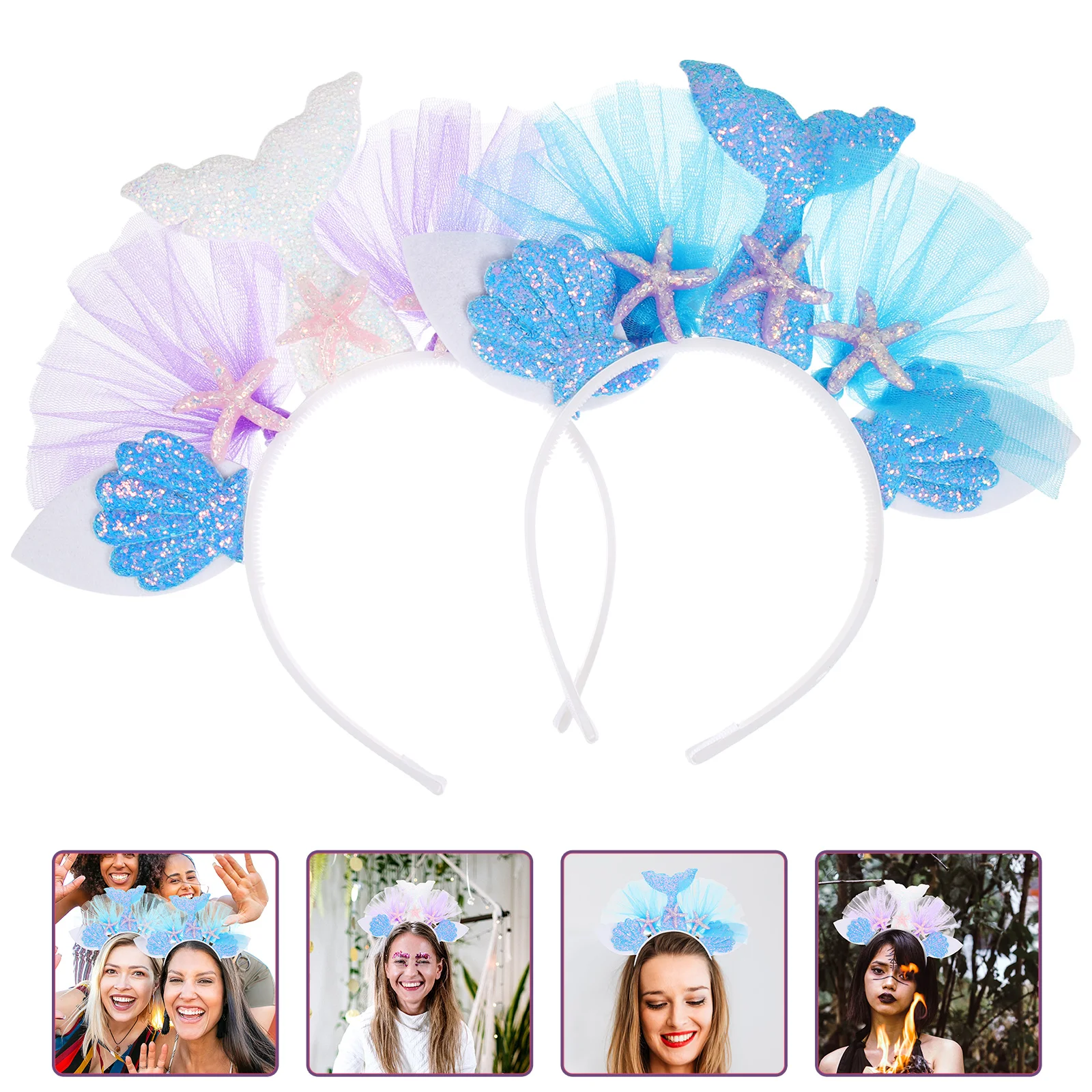 

Headband, 2pcs Tail Headband Shell Headband Sequins Hair Bands Headpiece for Costume Party