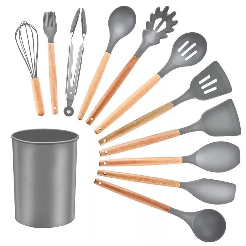 Rodanny 12PC Kitchen Silicone Cooking Utensils Set Non-stick Cookware With Wooden Handle Anti-slip Shovel Spoon Cooking Tool kitchen scissors Kitchen Tools & Gadgets