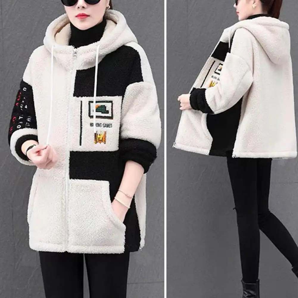 

Zipper Closure Lady Coat Women Lightweight Jacket Cozy Hooded Colorblock Jacket Plush Embroidered Stylish Winter Coat for Women