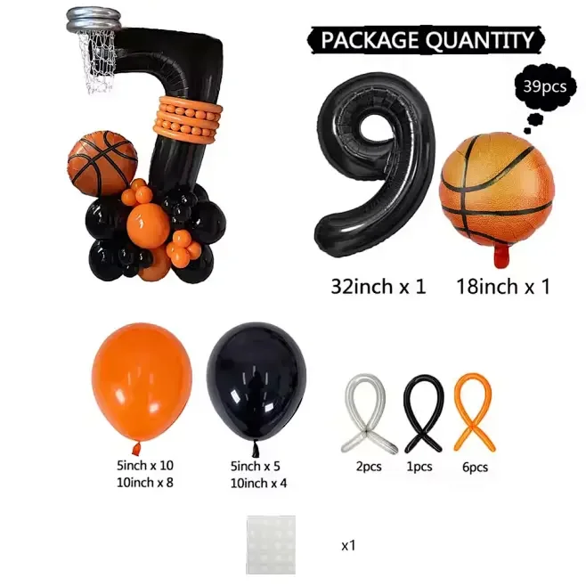 Basketball Birthday Party Balloons Set - 39pcs Sports Themed Decor with Large Foil Numbers