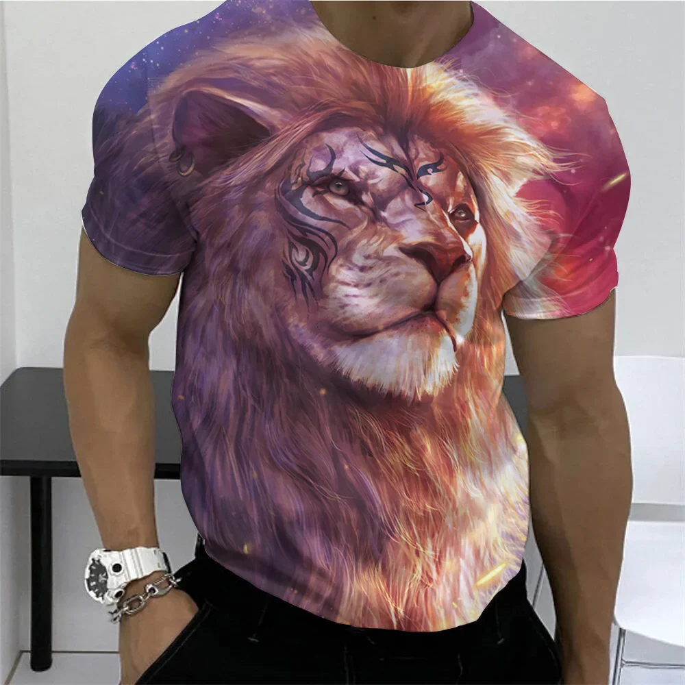 

Men's T-shirt 2023 New Sweatshirt Summer O Neck Casual Short Sleeve Tees Mens Clothing Male Cool Streetwear 3D Print Lion T Shir