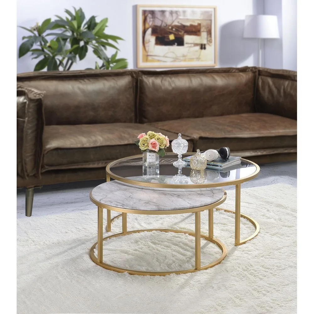 

Elegant ACME Shanish Faux Marble & Gold Nesting Table Set (2 Piece Pack) 81110 for Stylish Home Decor makeup