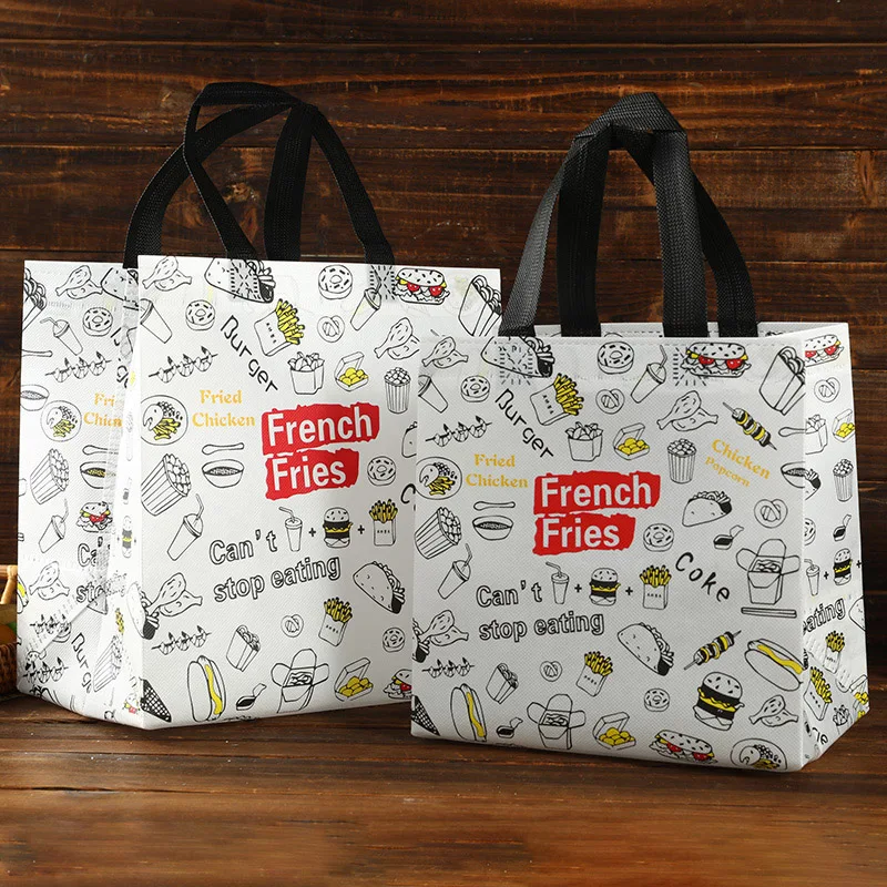 

50pcs Food Package Bag With Handle Reusable Non-woven Fabric Packaging Bag Waterproof Party Fastfood Takeaway Bags