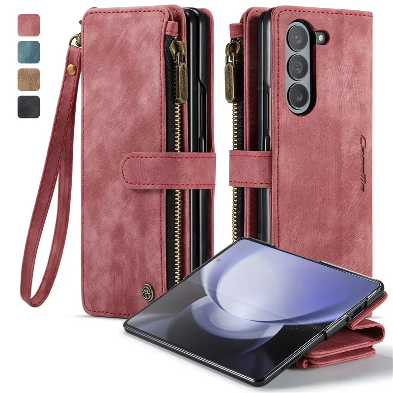 Zipper Leather Wallet Case with Kickstand, Cash & Cards Pocket, and Strap