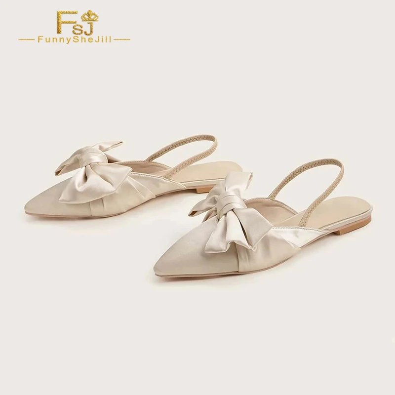 

Beige Satin Bow Slingback Pointed Toe Flat Shoes Women'S Large Size 15 16