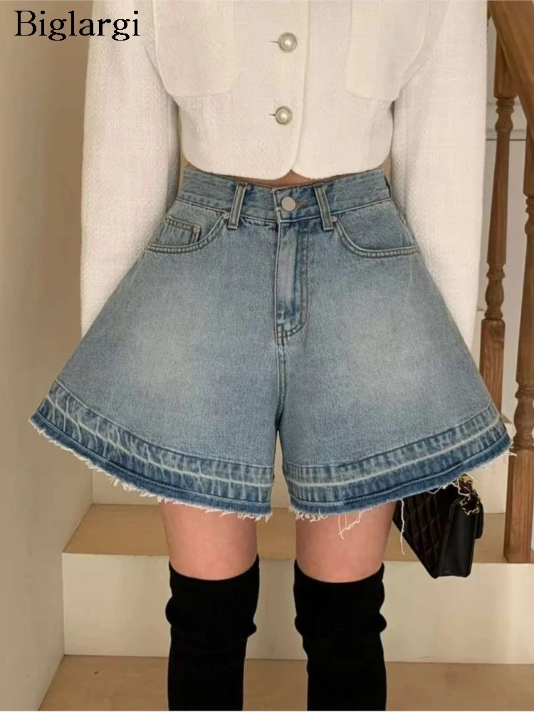 

Jeans Summer Mini Wide Leg Shorts Women Korean Style Ruffle Pleated Loose Fashion Casual Ladies Trousers High Waist Woman Shorts