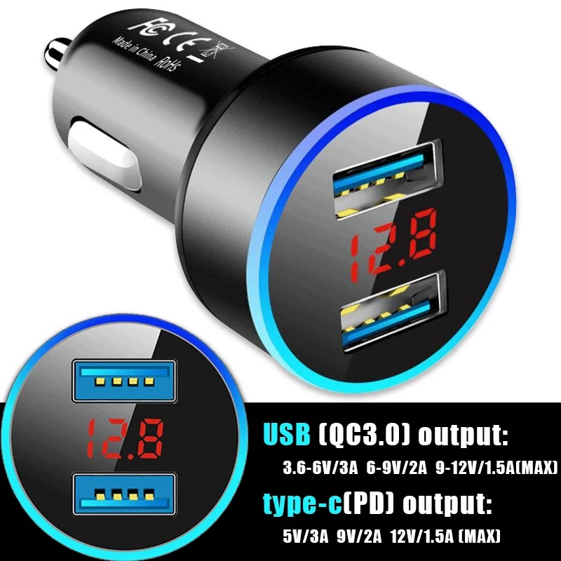 

36W Car Charger Dual USB QC 3.0 Adapter Cigarette Lighter Charging for Phone QC3.0 Mini PD USB Type-C Car Adapter Socket