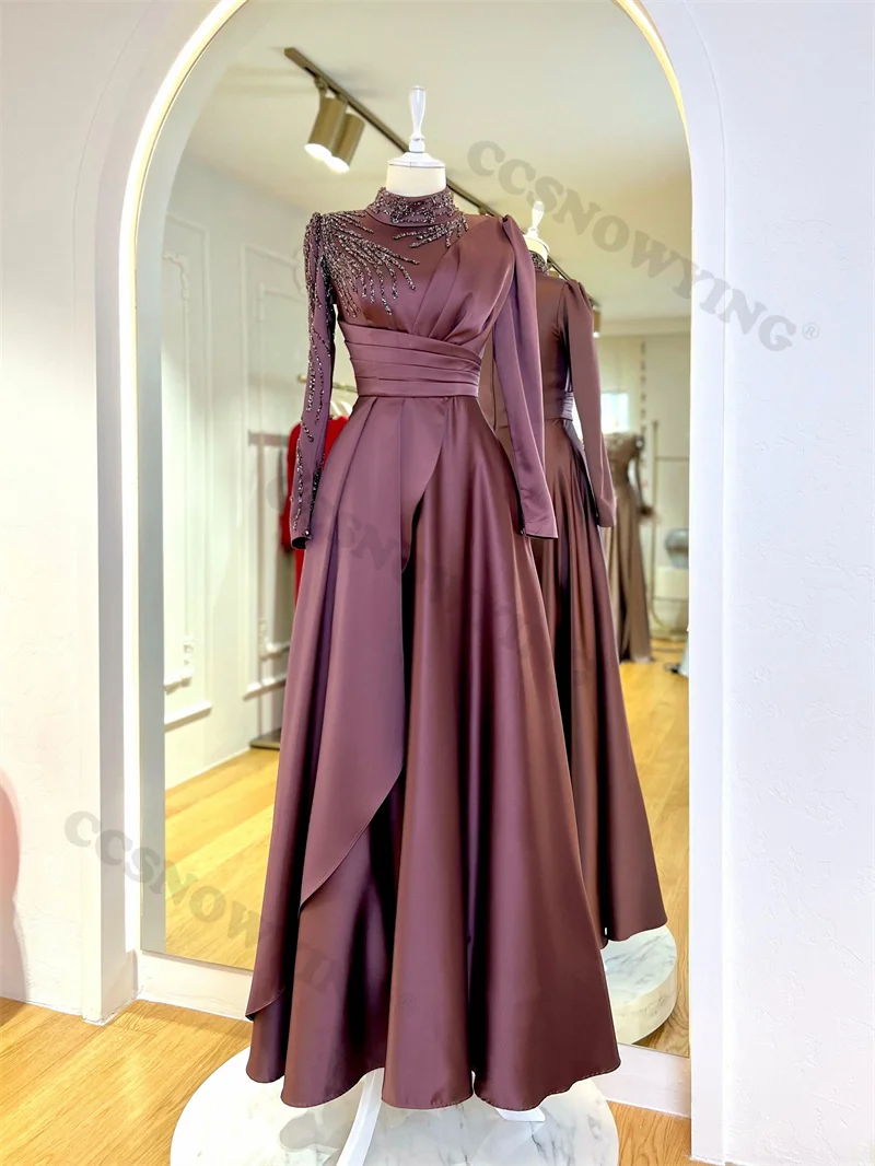

Elegant Fashion Appliques Long Sleeve High Neck Satin Muslim Evening Dresses Formal Party Hijab Women Arabic Kaftan Robe