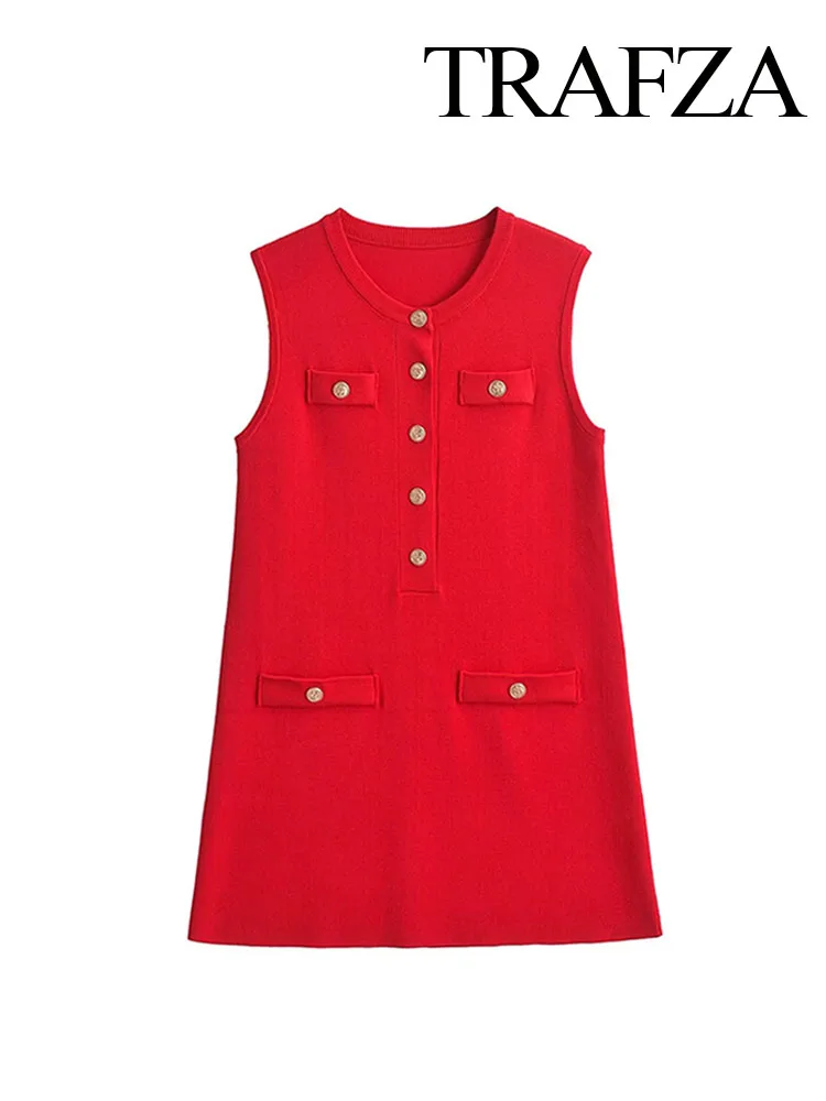 

TRAFZA Summer Fashion Women Mini Dress Red O-Neck Sleeveless Buttons Single Breasted Female Casual Slim Knitting Dresses