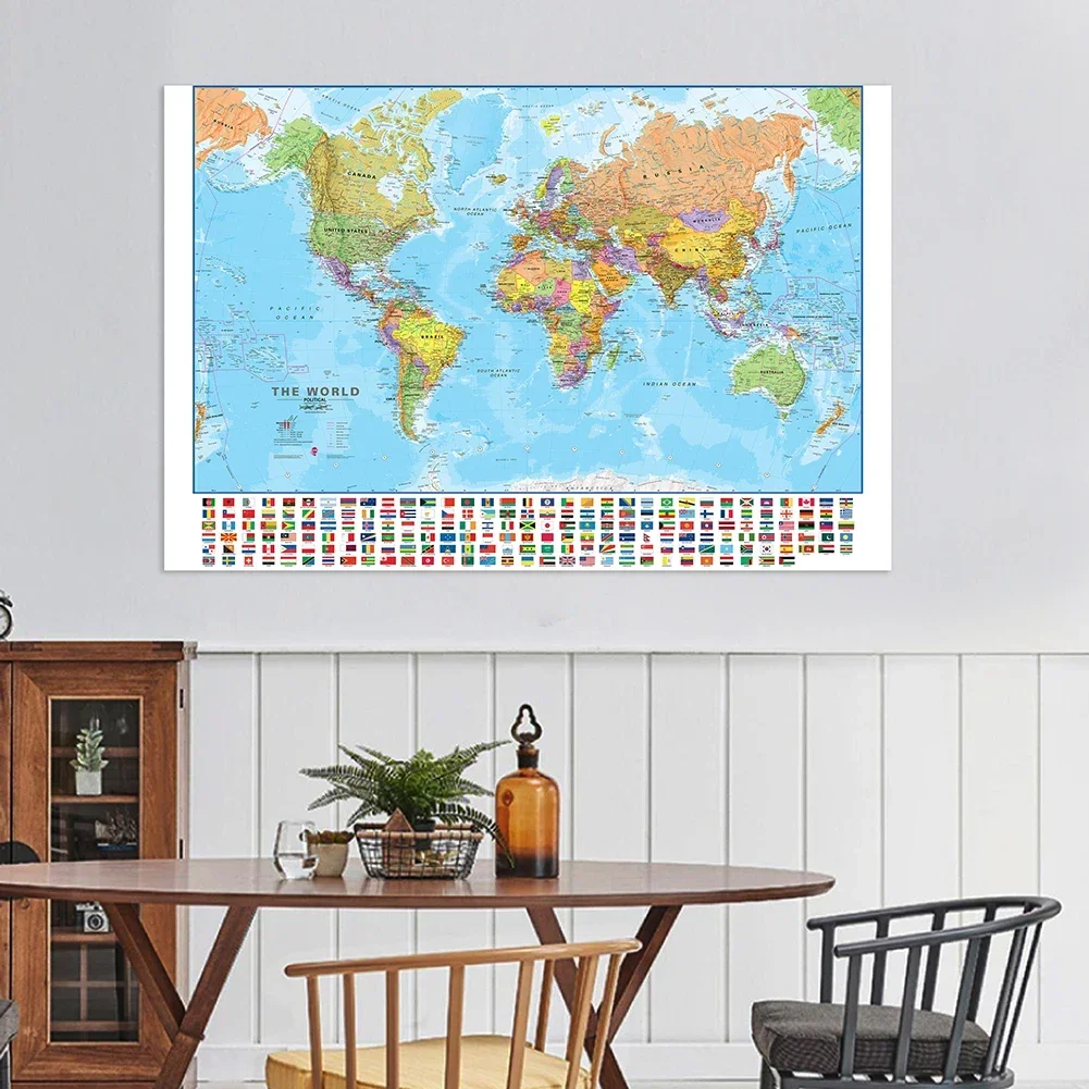 

100*70cm The World Map with Country Flags Unframed Prints Non-woven Painting Wall Art Poster Home School Decoration