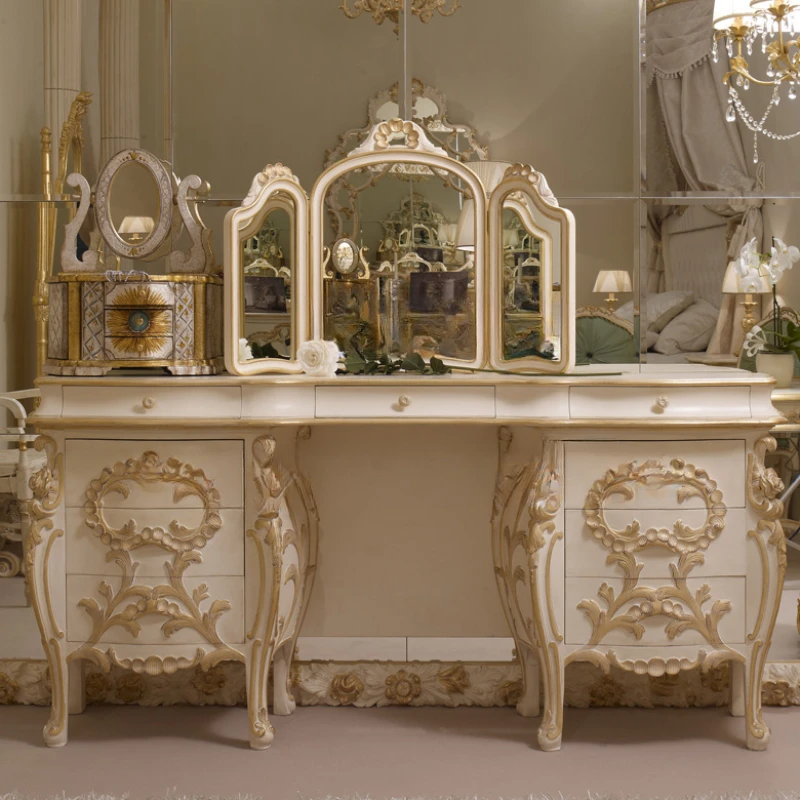 

European-Style Dressing Table Luxury Palace Bedroom Solid Wood Carved Dressing Table with Mirror Girl Princess Customization