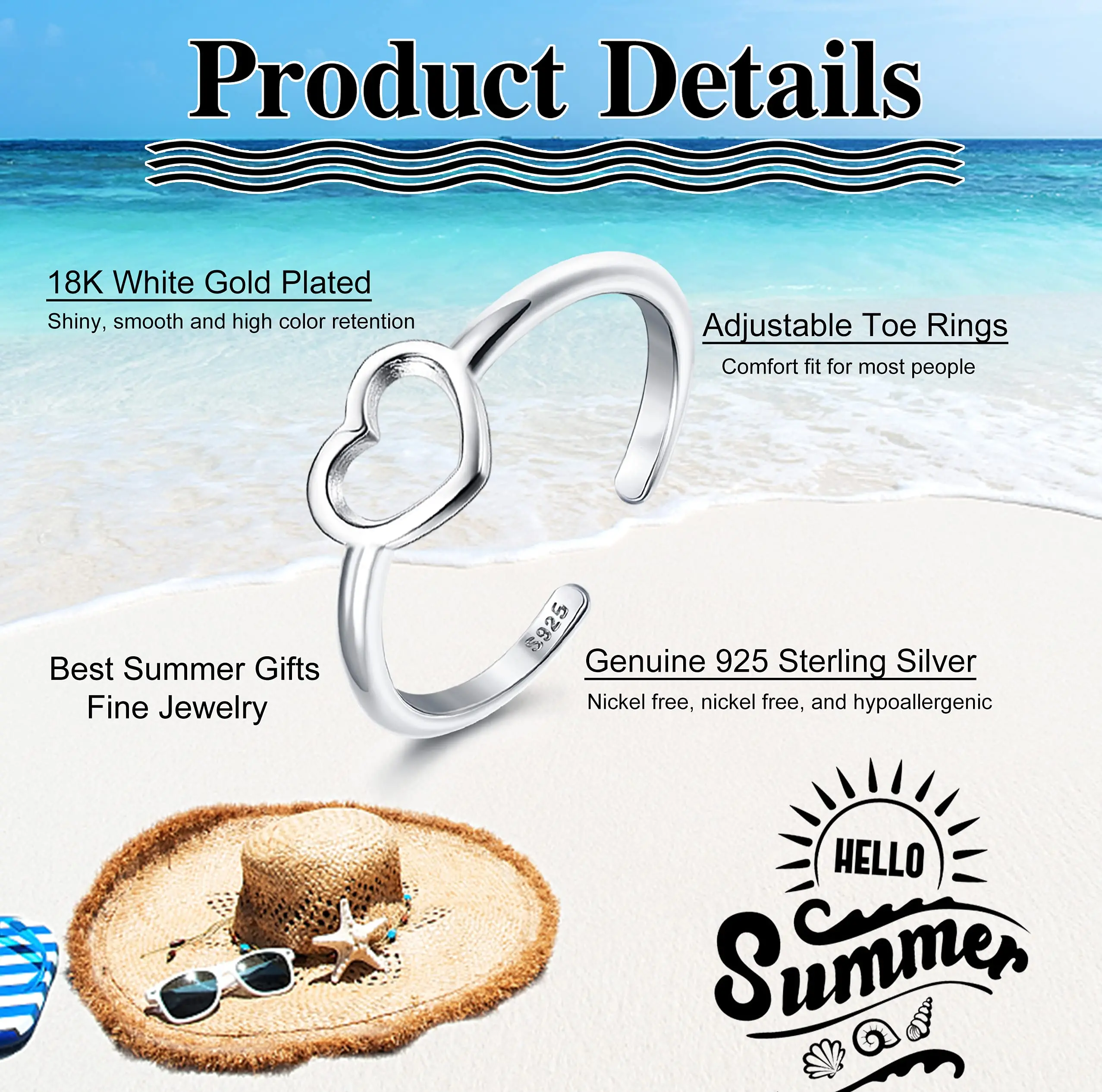 Toe Rings 925 Sterling Silver Heart Shape Adjustable for Women