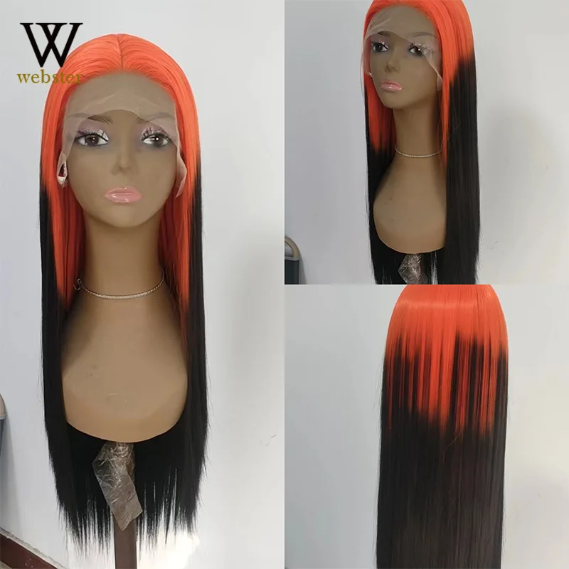 

Webster Synthetic Orange Black Straight Glueless Lace Front For Black Women Long Side Part Lace Wig Heat Resist Daily Wig