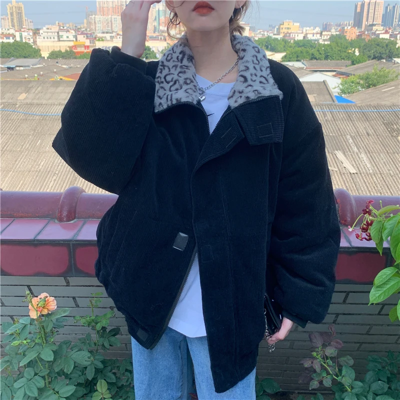 Women Vintage Coats Corduroy Warm Loose Casual  Jacket 2024 New Fall Winter Leopard Patchwork Female Outwear Elegant Tops Korean