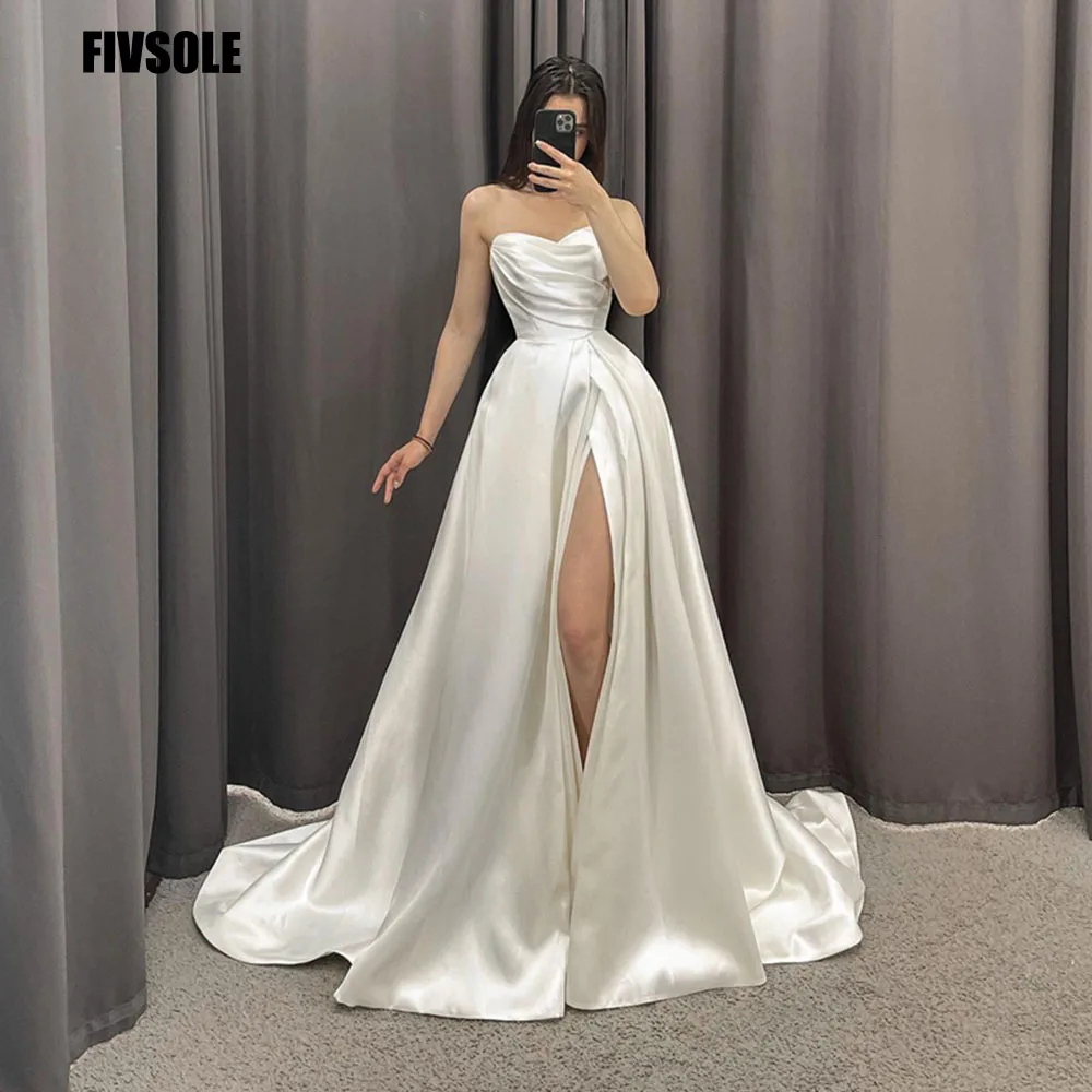 

Fivsole Elegant Sweetheart Wedding Dresses A-Line Sleeveless Lace-Up Court Train Bridal Gown Side Split Satin Vestidos De Novia