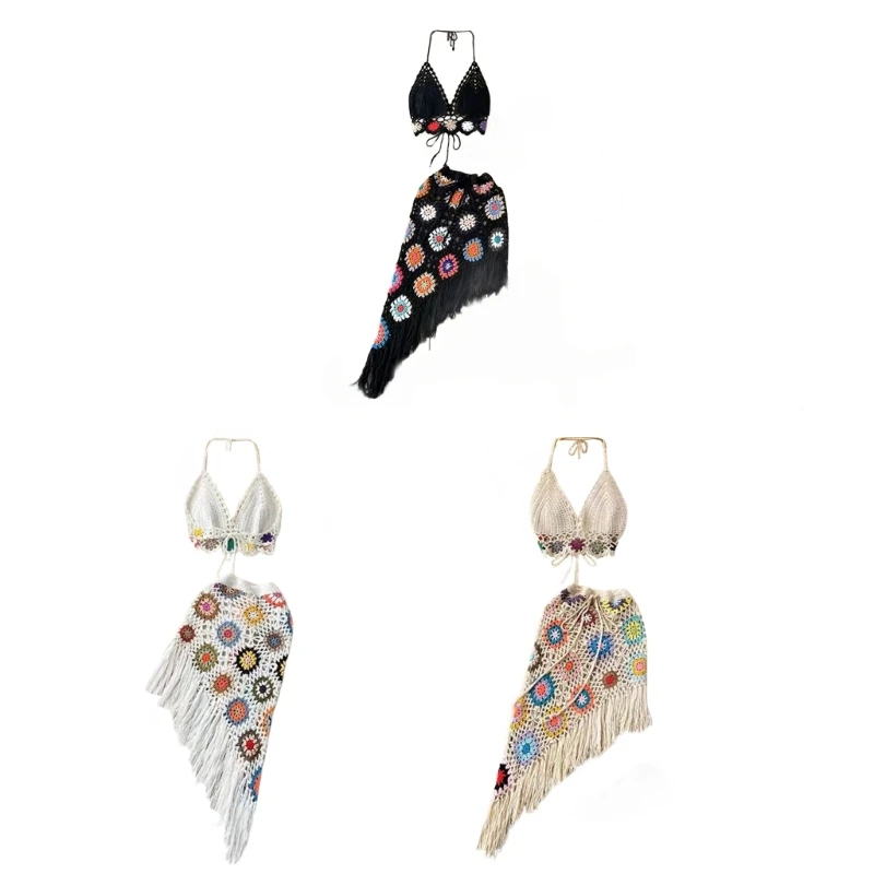 

Women 2Pcs Crochet Knit Halter Bras and Tassel Skirt Summer Swimsuit Cover Up Dropship