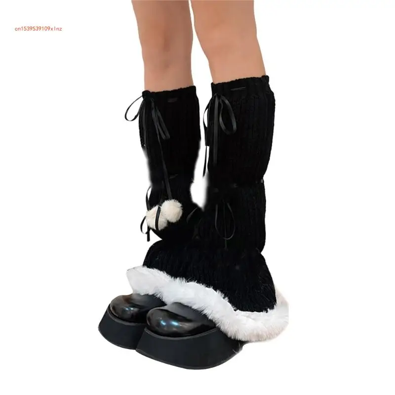 

Women Lolitas Knit Long Socks Y2K Bows Lace Up Leg Warmers Harajuku Bootie Socks