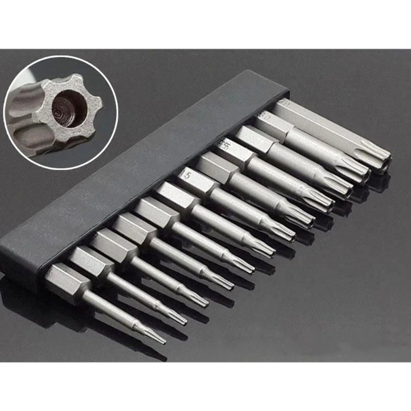 12 Pcs 50mm 1/4 인치 육각 생크 T5-T40 Torx 헤드 스크류 드라이버 비트 세트 전기 스크루 드라이버 도구