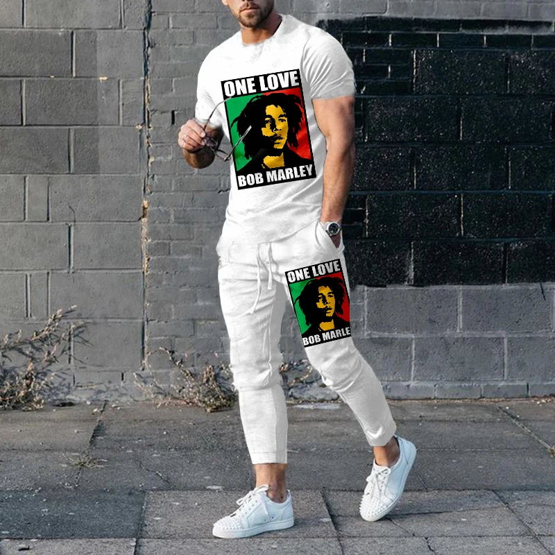 New Arrival BoB Marley Men's Trousers Tracksuit 2 Piece Set Printed Summer Short Sleeve T Shirt+Long Pants Street Unisex Clothes