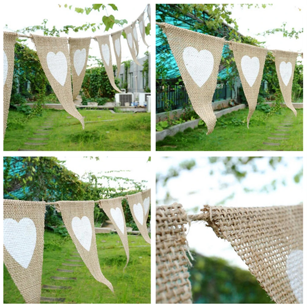 Vintage Hessian Bunting Love Heart Rustic Burlap Banner Fabric Cloth Flags Pennant Banner for Garden Party Christmas Birthday