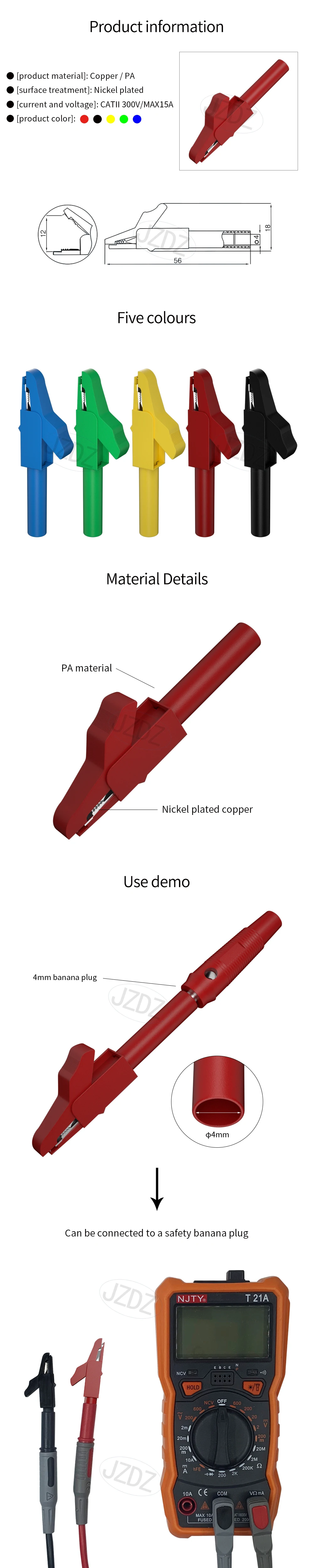 JZDZ 10PCS 4MM Isolierung Krokodilklemmen Metall Krokodilklemme für Drähte Bananenstecker DIY Elektrowerkzeuge J.60029 – Detail 1