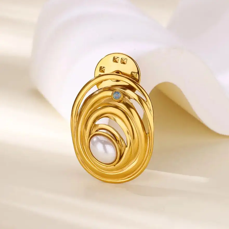 Stainless Steel Zircon Pearl Geometric Brooch for Men Women