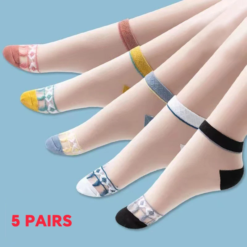 Women's Ultra Thin Mesh Knit Socks Spring Summer Vintage Floral Ankle Sock Cool Transparent Female Kawaii Socks 5 Pairs/lot