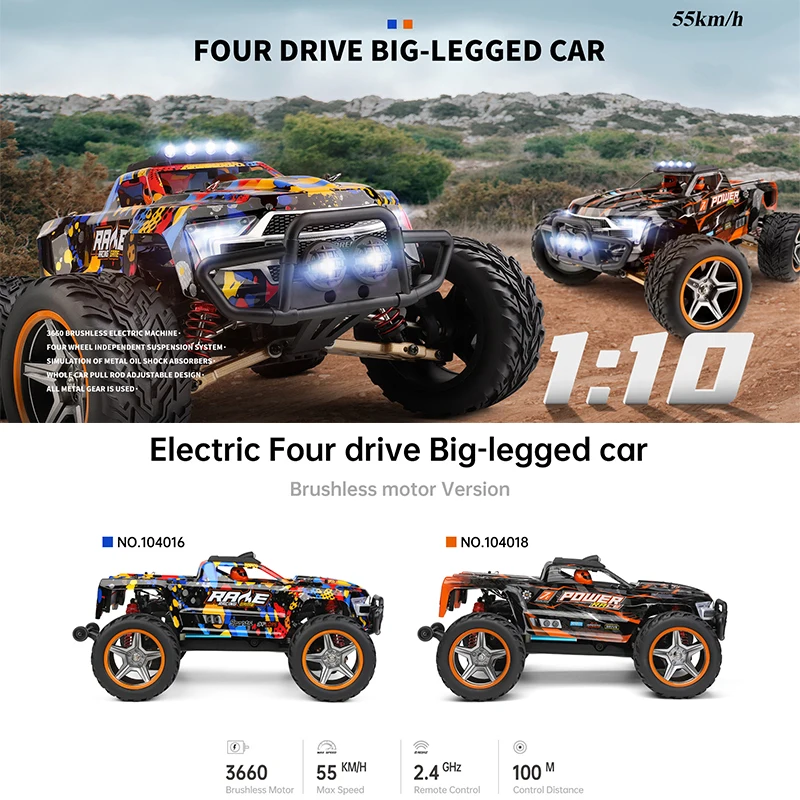 Wltoys 104018 104016 1:10 RC Car 4WD With Led Lights 55KM/H Remote Control Car 3660 Brushless Motor Off-Road Monster Truck 3