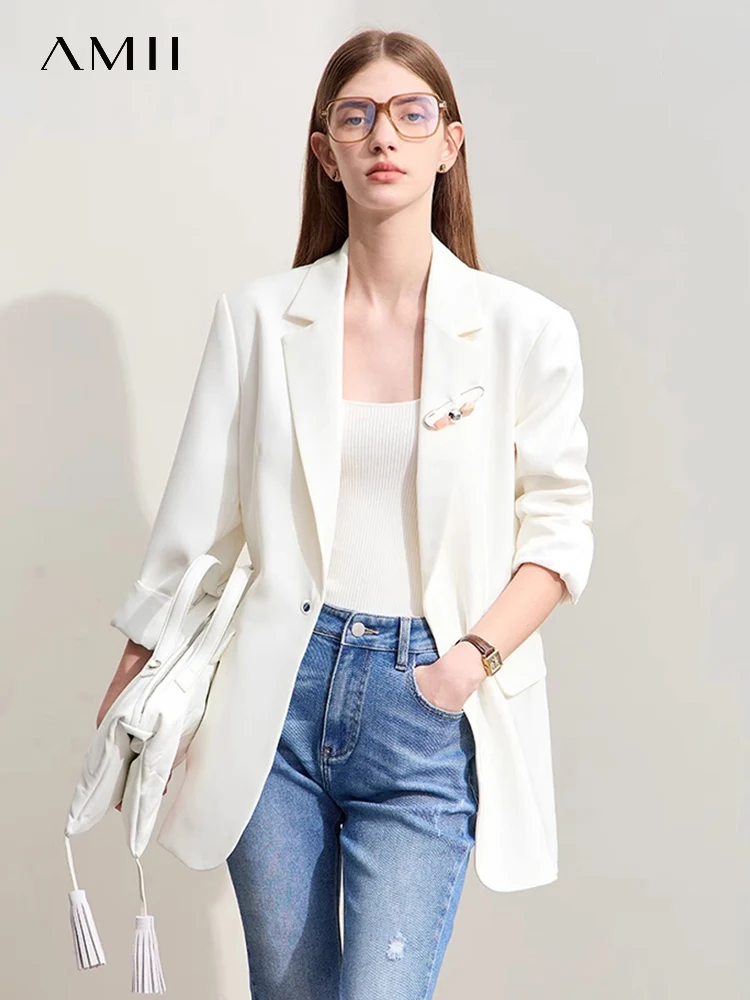 

Amii Minimalism Blazers For Women 2024 Summer New Commuter Notched With Button Pin Basics Mid-length Loose Female Coat 12441328