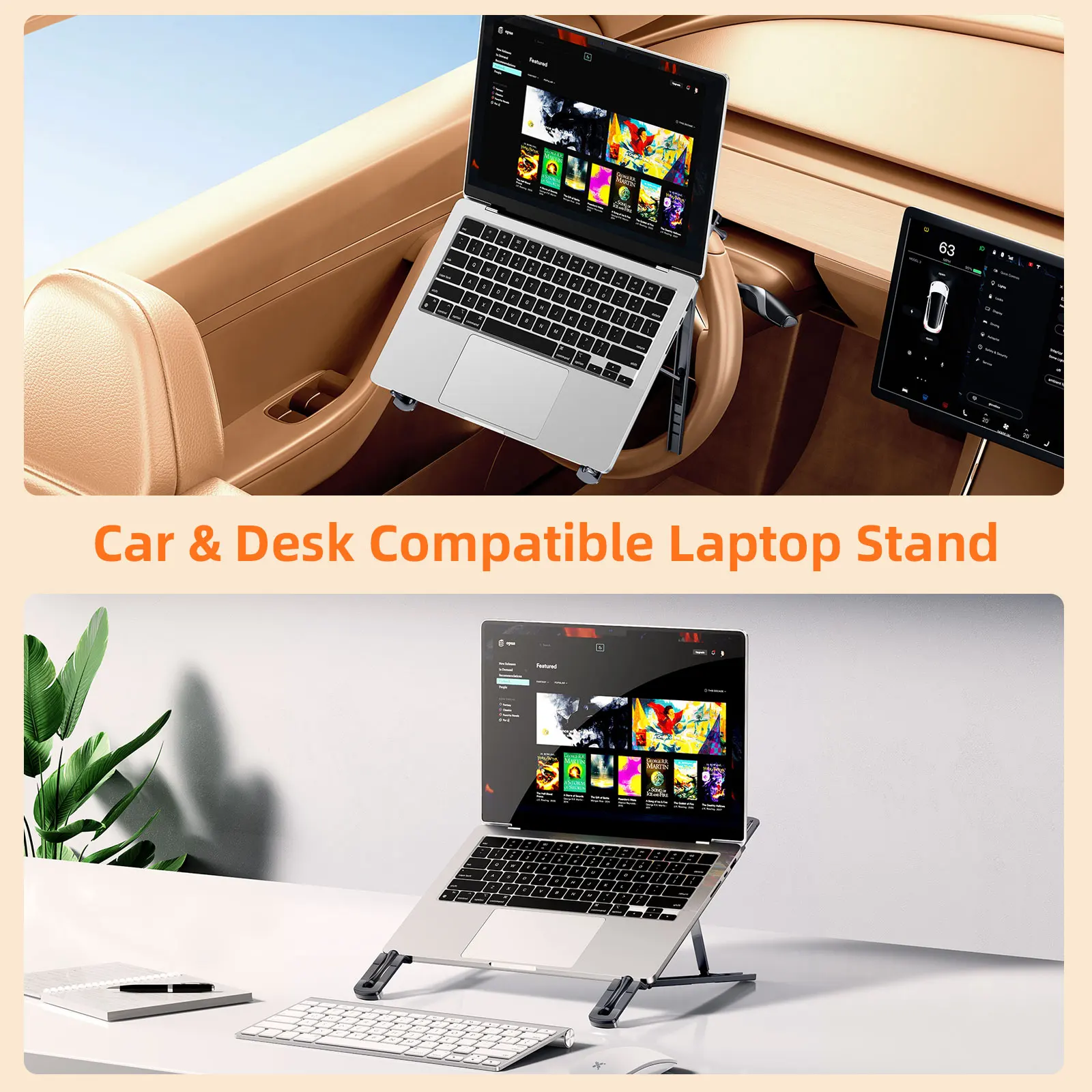오트스바스프 차량용 스티어링 휠 노트북 거치대, 조절 가능한 차량용 노트북/태블릿 책상, 테슬라용 접이식 휴대용 노트북 거치대