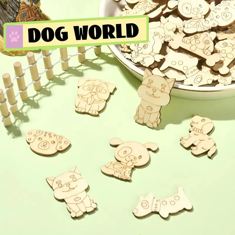 8Pcs/Set Carton Dogs Wooden Crafts Multi Type Dogs Ornament For Dog's Happy Birthday Party Decorations Kids DIY Painting Gifts