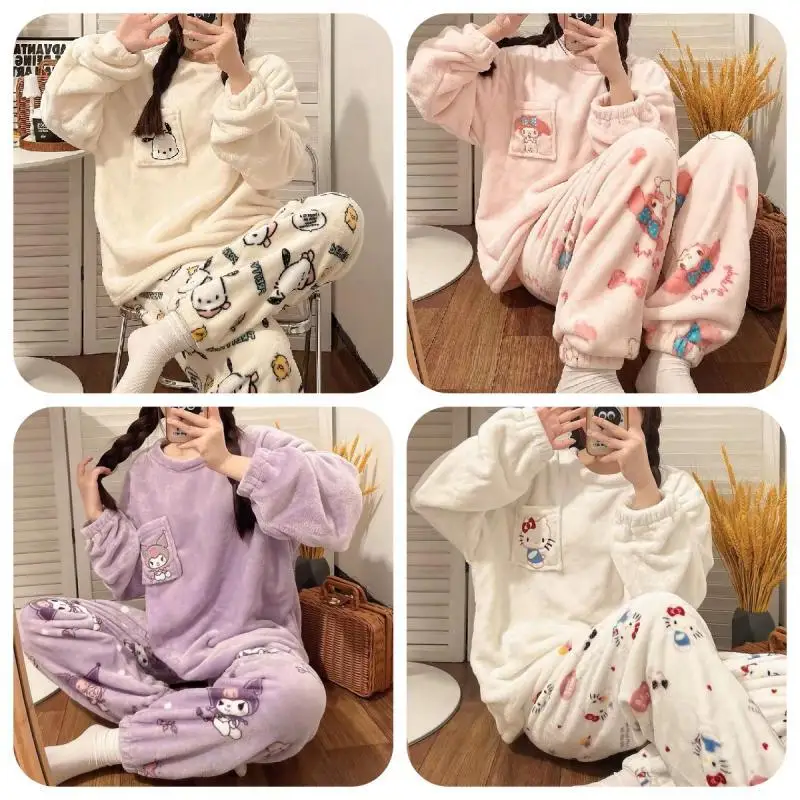 

Sanrio Hello Kitty New Style Plush Pajamas Sets Women Home Clothes Suits Fashion Kuromi Cinnamoroll Pochacco Sleepwear Cute
