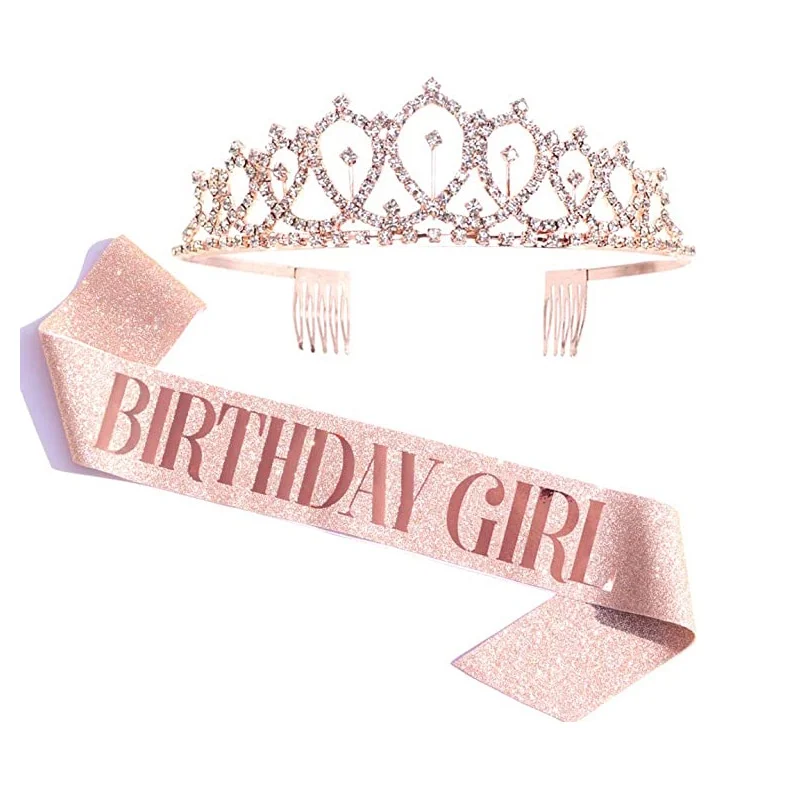 Birthday Crown Bling Rhinestone Crystal Crown Tiara Birthday Anniversary Decoration Happy 18 21 30 40 50th Birthday Satin Sash Party Supplies