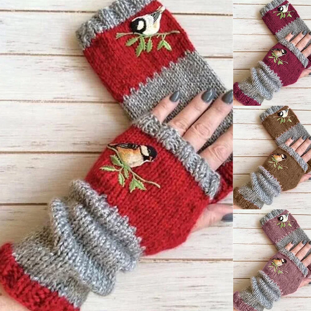 

Winter Women Knit Gloves Keep Warm Gloves Arm Sleeve Cycling Gloves Wrist Braces Bird Embroidered Outdoor Fashion