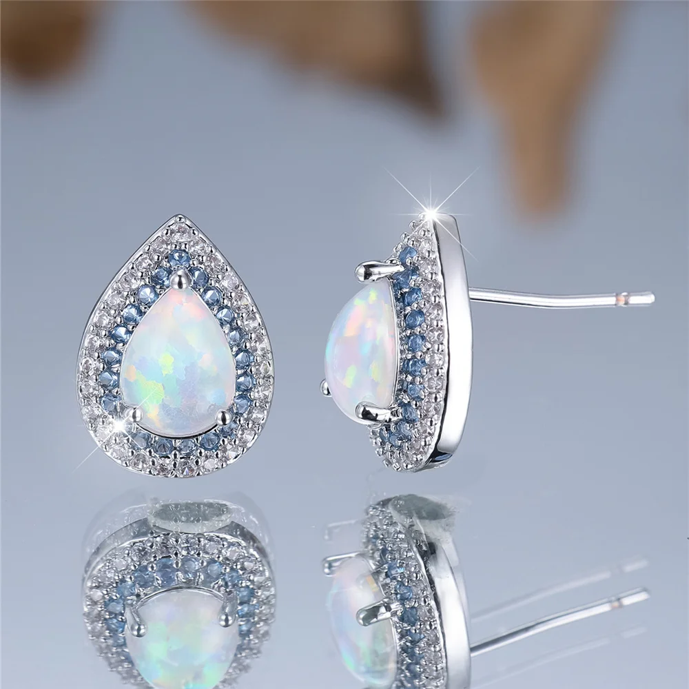 Female Cute White Opal Stone Water Drop Stud Earrings Silver Color Wedding Jewelry For Women