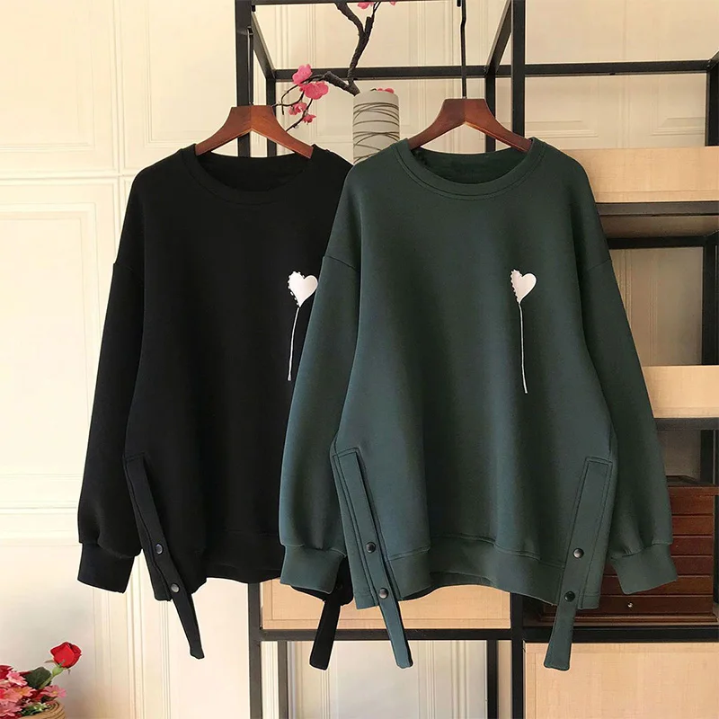 Casual Autumn Winter Plus Size Sweatshirts Regular/Plush and Thicken Crew Neck Love Heart Print Patchwork Button Long Sleeve Top