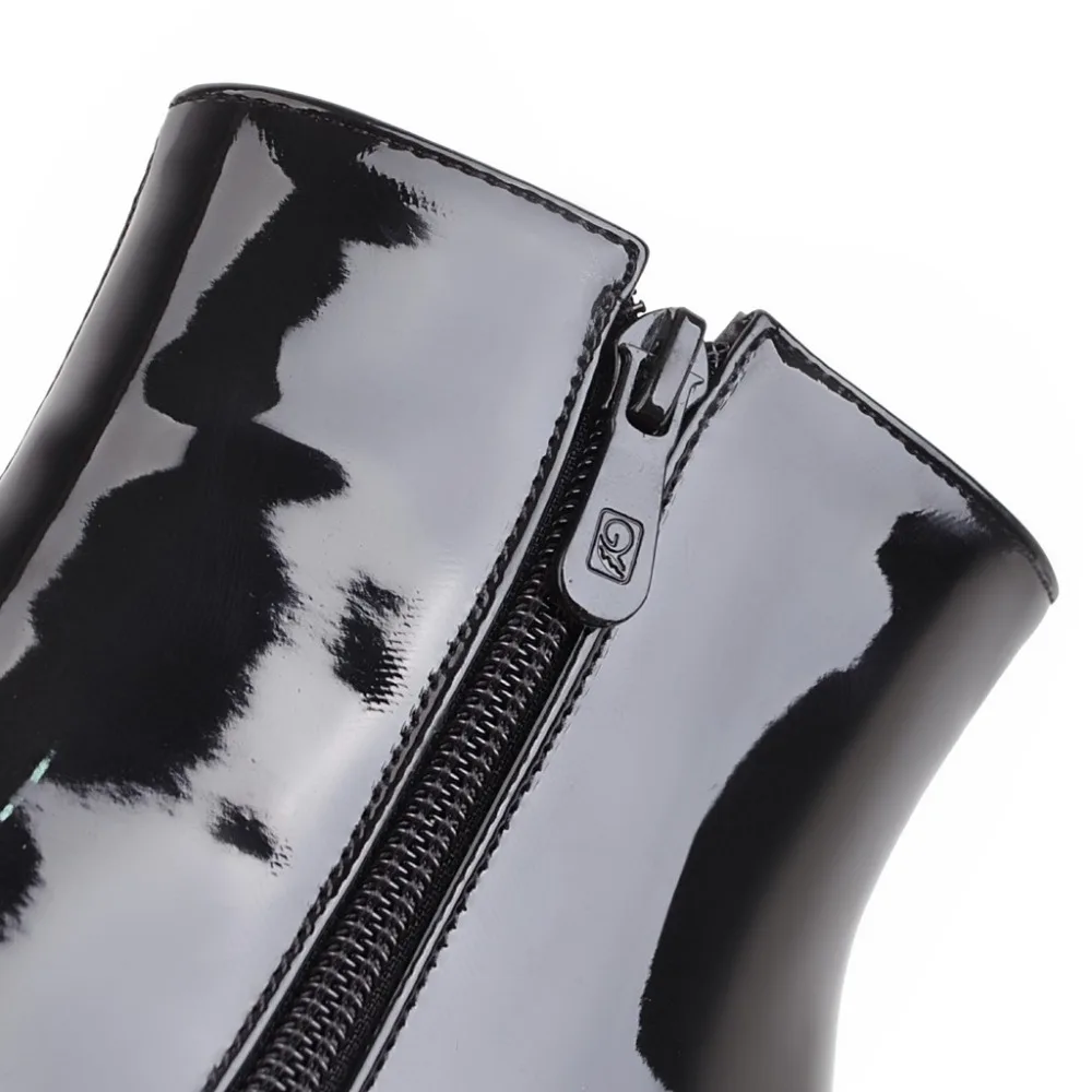 Big Size Women Ankle Boots Patent Leather High Block Heels Square Toe Casual Party Dress Buckle Winter Ladies Zipper Short Boots