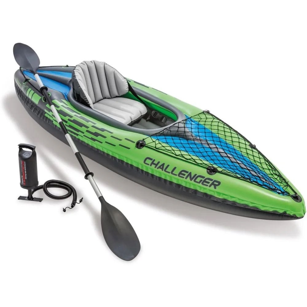 1 Man Inflatable Canoe with Aluminum Oars and Hand Pump, Green/Blue