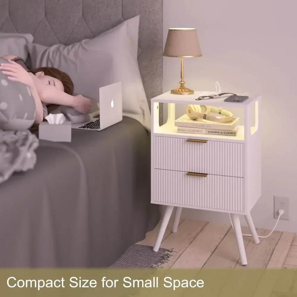 White Nightstand with Charging Station and LED Lights,Modern Bedside Table with 2 Storage Drawer and Open Wood Shelf, for Bedroo
