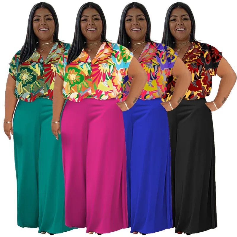 

Summer African Women V-neck Short Sleeve Polyester Printing 2 Pieces Top Long Pant Matching Sets African Clothes for Women